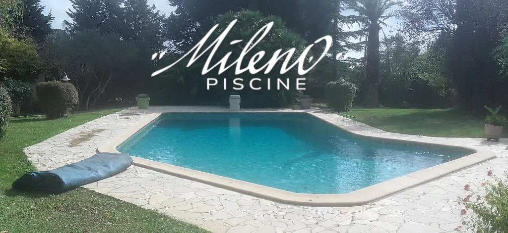 jolie piscine carrelée dans un grand jardin bien entretenue